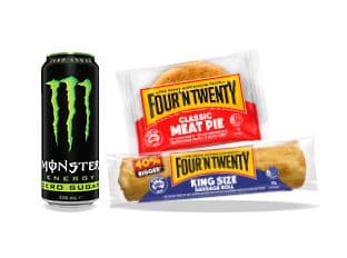 Any two FourN Twenty Classic Meat Pie one hundred and seventy five gra, or King Size Sausage Roll one hundred and eighty gram varieties plus one Monster five hundred mililitres variety
